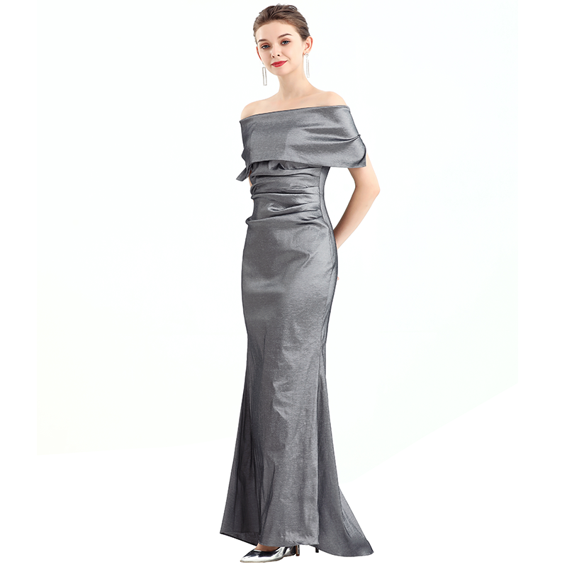 D111 Women Solid off shoulder draped detailing fitted mermaid maxi evening dress