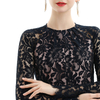 D080 Women floral scallop lace long sleeves flared pleated party midi dress