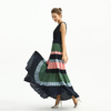 D198 Women Color block satin V neck pleated maxi evening dress