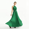 D199 Women Solid satin halter neck smocked-waist sunburst pleated maxi evening dress