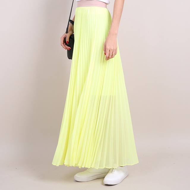 C088 Women Solid chiffon full circle sunburst pleated long casual skirt