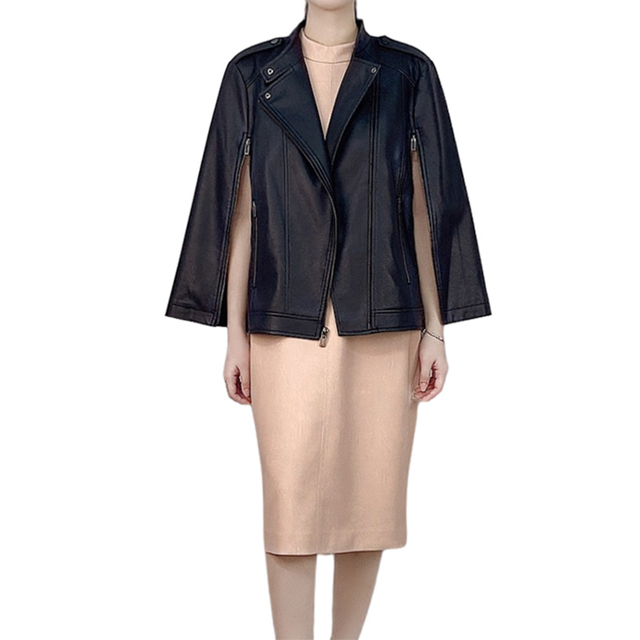 J242 Women Faux leather band collar double zip poncho cape coat 