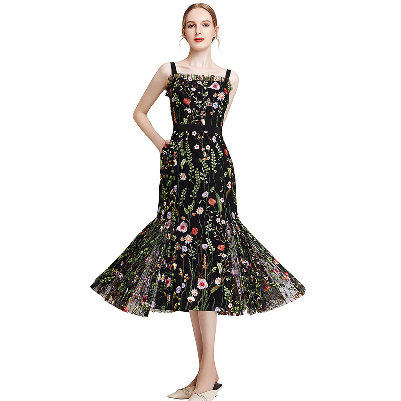 D001 Women All-over floral embroidered tulle bare shoulder grosgrain strap midi party dress