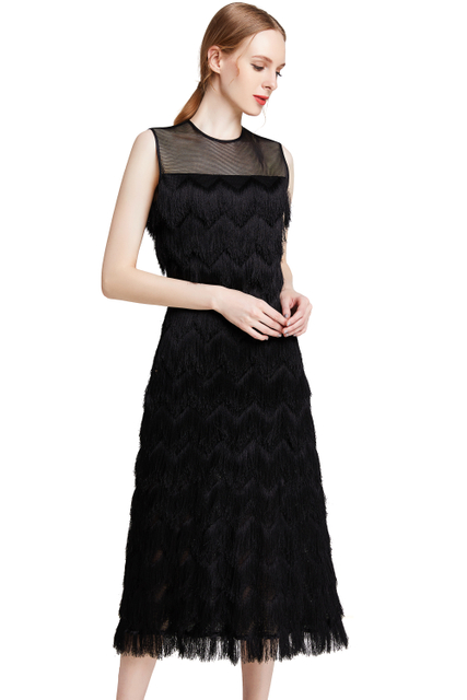 D003 Women Multi layers fringes sleeveless midi party dress