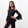 T086 Women Solid floral eyelash lace long sleeve cold shoulder party peplum top