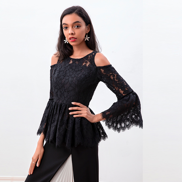 T086 Women Solid floral eyelash lace long sleeve cold shoulder party peplum top