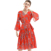 D057 Women Floral print three-quarter sleeves tiered design midi dress