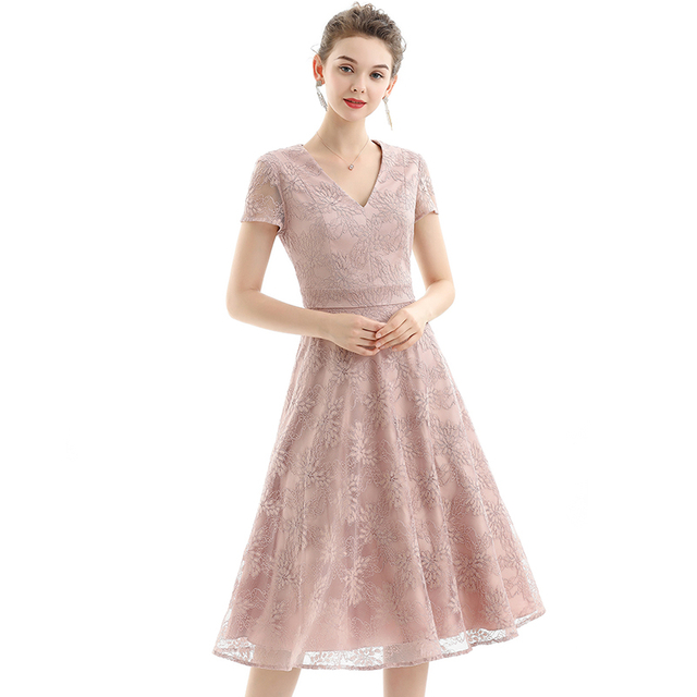 D062-1 Women Floral lace V neck cap sleeves flared midi evening dress