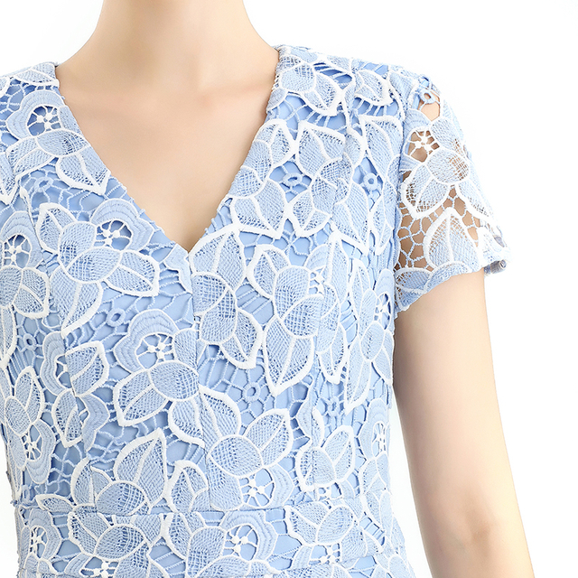 D062-5 Women 2-tone flower cut out lace V neck cap sleeves flared midi evening dress