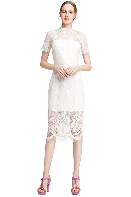 D002 Women Floral eyelash lace short sleeve midi fitted party dress