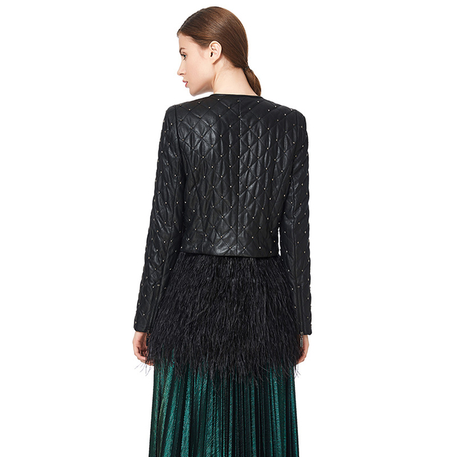J110 Women faux leather with studs and detachable ostrich feather short quilted jacket