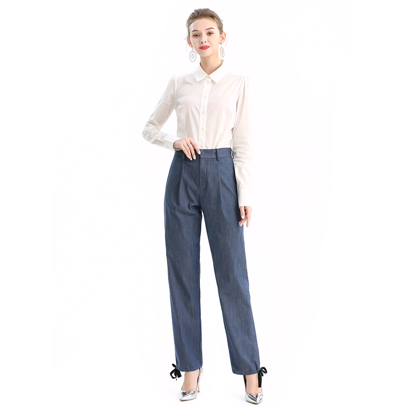 P181 Women Tencel polyester stretch denim straight leg smart casual tailored trousers