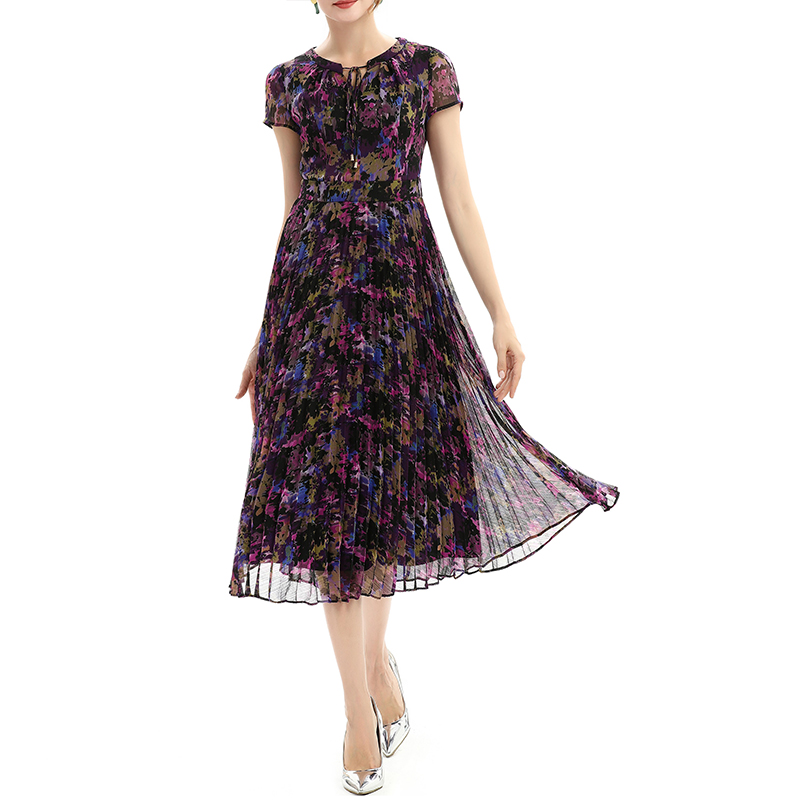 D028 Women Artistic floral print cap sleeves pleated midi day dress