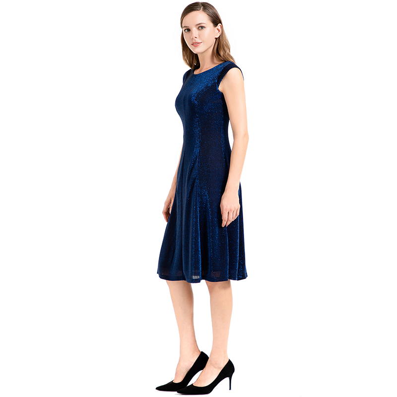 D026 Women Semi-sheer metallic knit round neck sleeveless A-line flared midi party dress