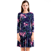 D027 Women floral print round neck long sleeves flared mini day dress