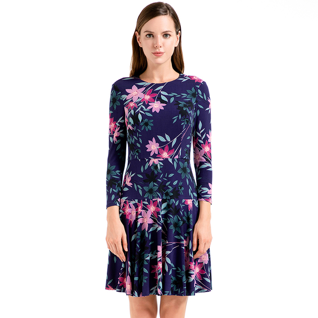 D027 Women floral print round neck long sleeves flared mini day dress