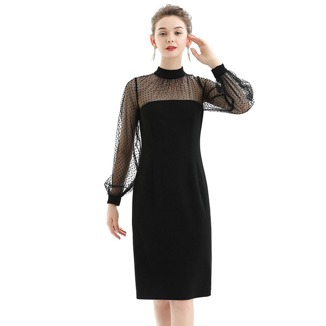 D030-1 Women Velvet mock neck long puff sleeves fitted midi party dress