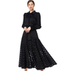 D035 Women solid shirt collar long sleeves stripes detailing flared maxi dress