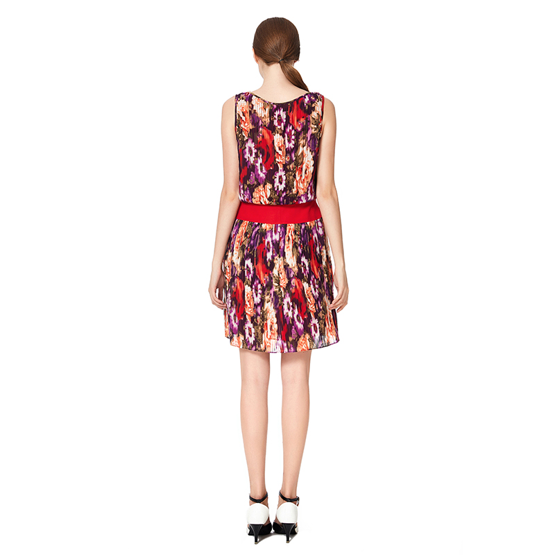 D040 Women floral print boat neck sleeveless pleated mini party dress