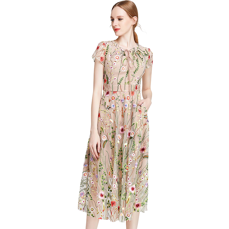 D009 Women All-over floral embroidered tulle cap sleeves midi party dress