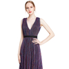 D014 Women Metallic knit V neck sleeveless pleated maxi evening dress