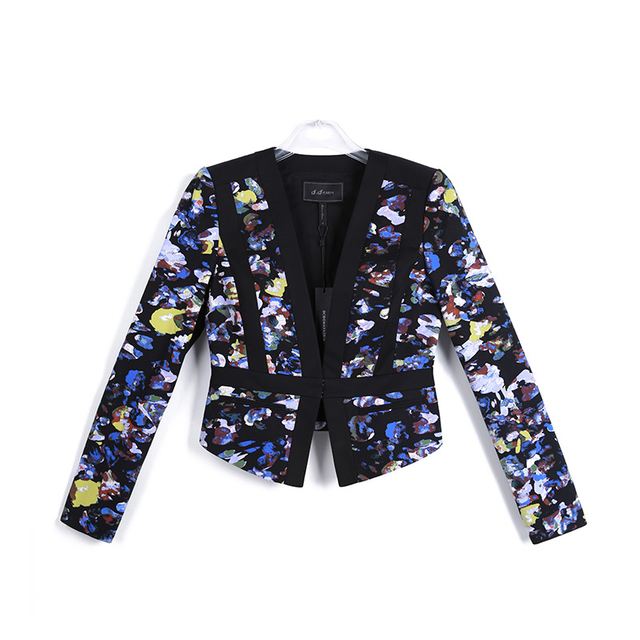 G466 Women Print and contrast black stripe panel smart casual cropped jacket