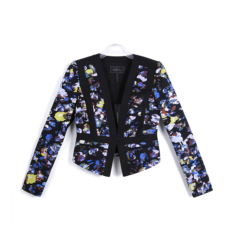 G466 Women Print and contrast black stripe panel smart casual cropped jacket