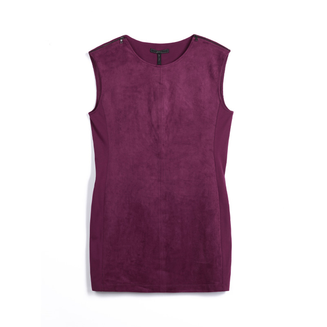 9B48 Women Stretch faux suede metal zip shoulder mini sheath dress