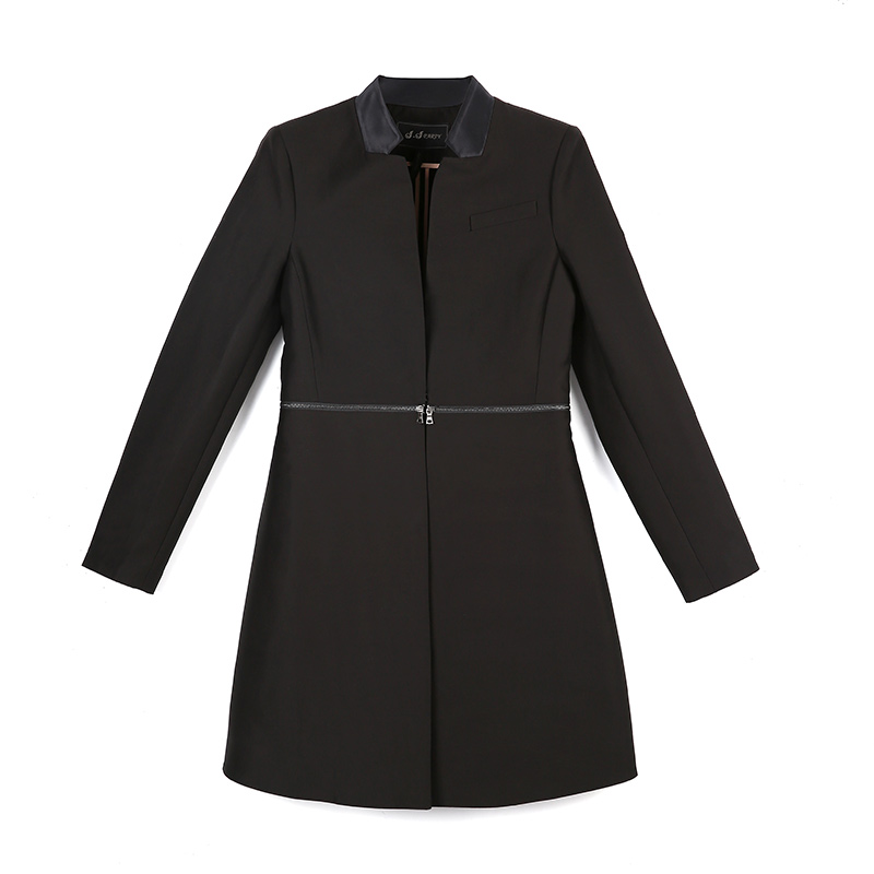 E367 Women Solid long sleeve zipper-waisted A-shape mid length jacket