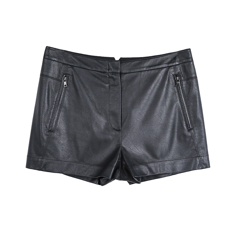 P243 Women faux leather zipped pockets smart casual mini shorts