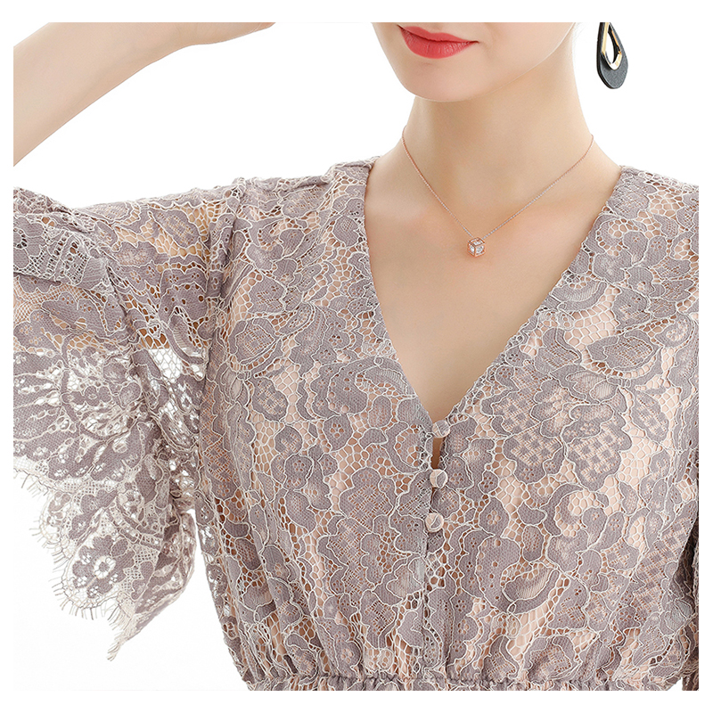 T064-2 Women floral lace V neck flutter sleeve elasticated hem cropped blouse