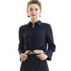 T060-2 Women Polka dot print shirt collar long sleeves drawstring waist cropped blouse