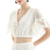 T064-1 Women floral lace V neck short sleeve elasticated hem cropped tops