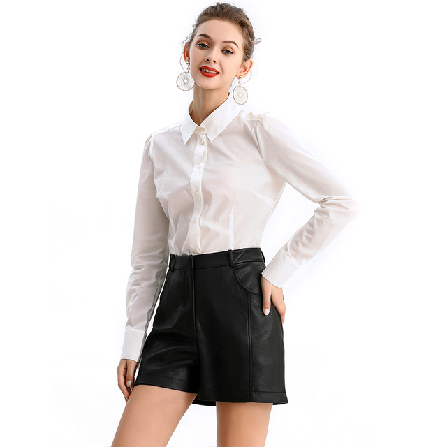 T195 Women Stretch poplin shirt collar long sleeves career fitted blouse