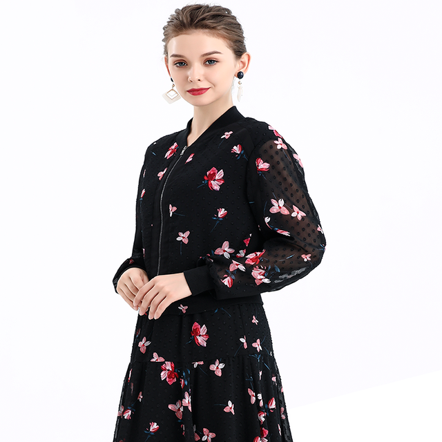 J093 Women Print clipped jacquard rib collar smart casual bomber jacket