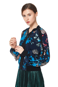 J133 Women Floral print combo solid crepe panelled design smart casual bomber jacket