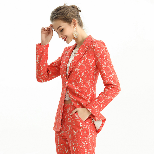J155-3 Women Floral lace bonded fabric notched lapel tailored-cut single-breasted blazer