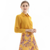 T104 Women Solid classic collar long sleeves drawstring waist cropped blouse