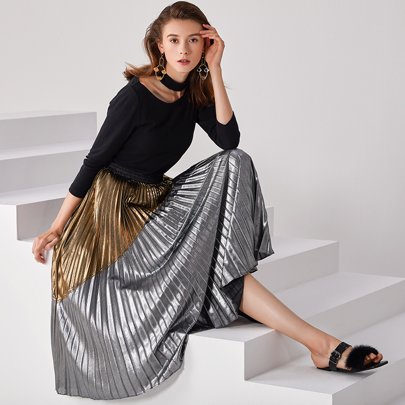 C018 Women Metallic printed color-block full circle sunburst pleated evening midi skirt