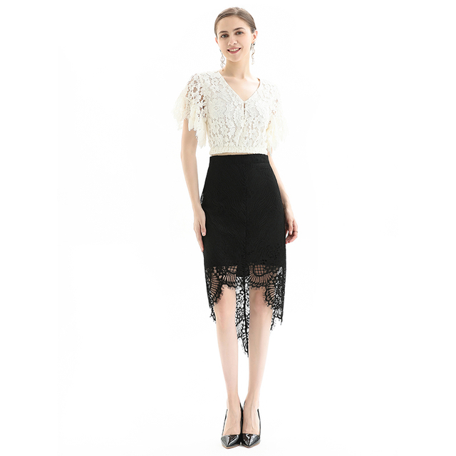 S075-2 Women Floral lace asymmetric scallop hem midi party skirt
