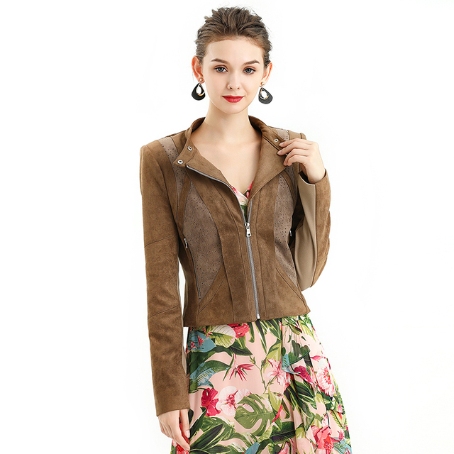 J092 Women faux suede panel perforated biker jacket