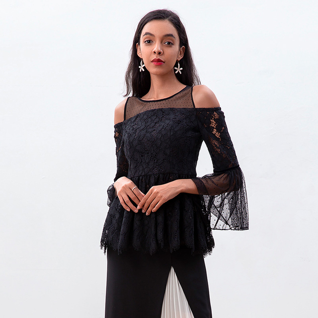 T121 Women Floral eyelash lace Swiss-dot combo long sleeves cold shoulder party peplum Blouse