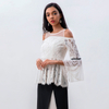 T121 Women Floral eyelash lace Swiss-dot combo long sleeves cold shoulder party peplum Blouse