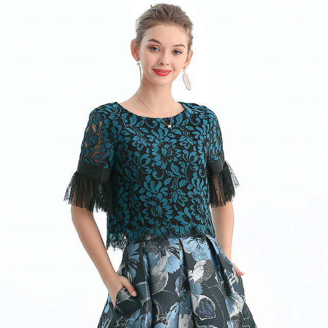 T122-1 Women 2-tone floral lace boat neck ruffled short sleeves blouse