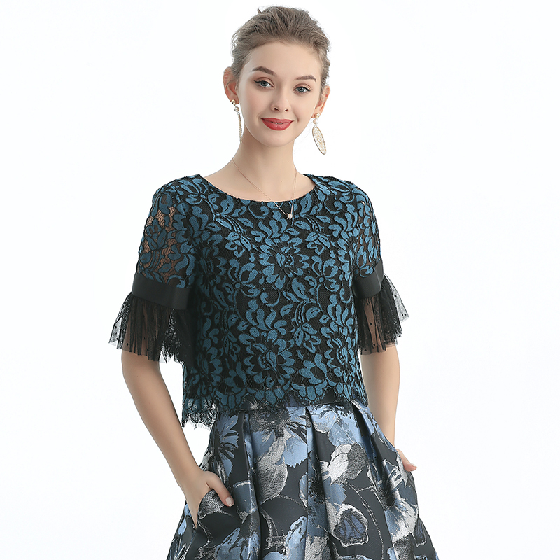 T122-1 Women 2-tone floral lace boat neck ruffled short sleeves blouse
