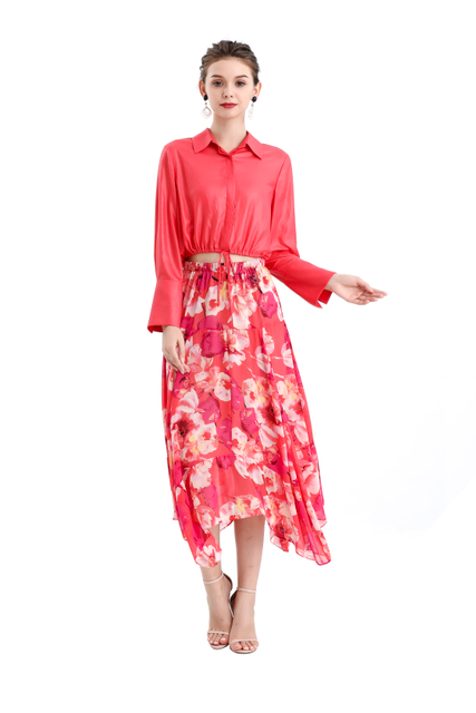 S068-8 Women Floral print chiffon asymmetric panelled long flare handkerchief skirt