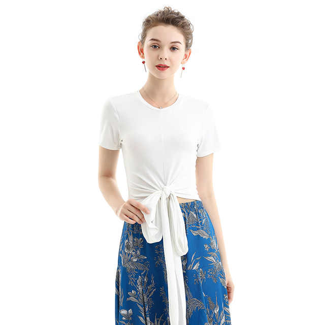 T061 Woman Cotton spandex short sleeves waist sash casual knit tops