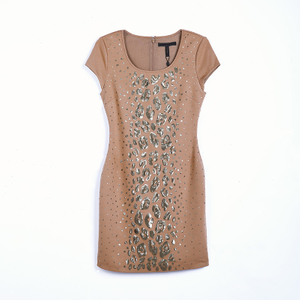U407 Solid knit scoop neck cap sleeves sequinned bodycon mini dress