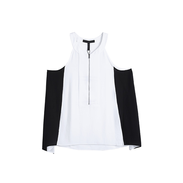 N218 Women Color-blocked halter neck front zip casual tank top