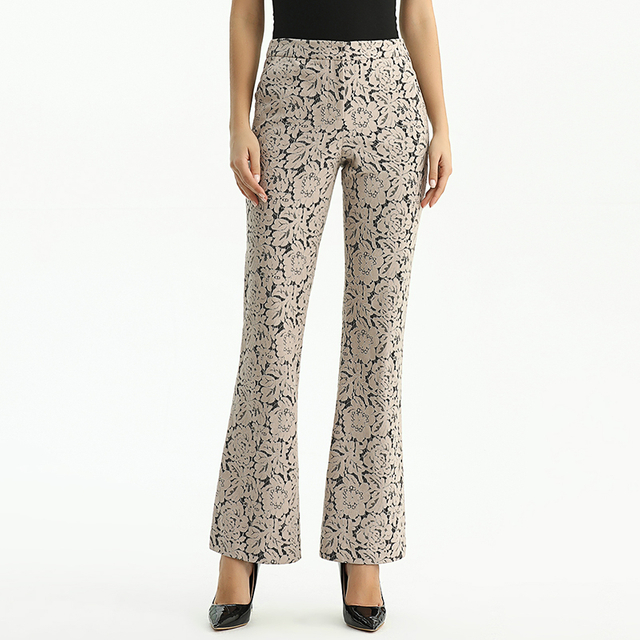 P147-1 Women Bonded floral lace mid-rise straight leg evening long pants.